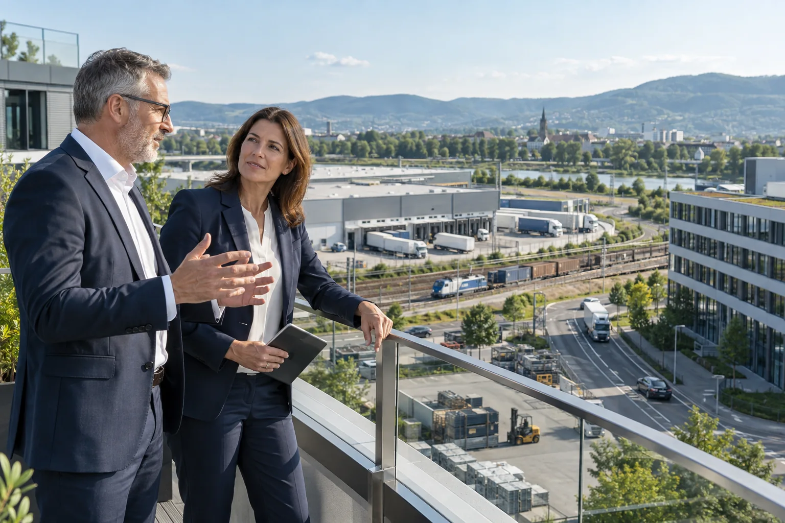 Unternehmer mit Blick auf einen Industrie- und Logistikstandort
